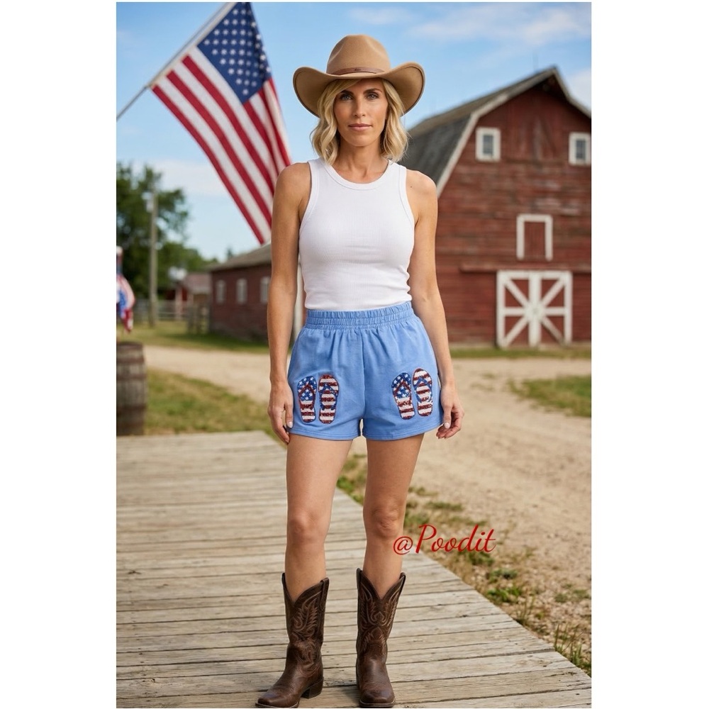 FANTASTIC FAWN Blue Shorts with SEQUIN Flip-Flop Design S M L
